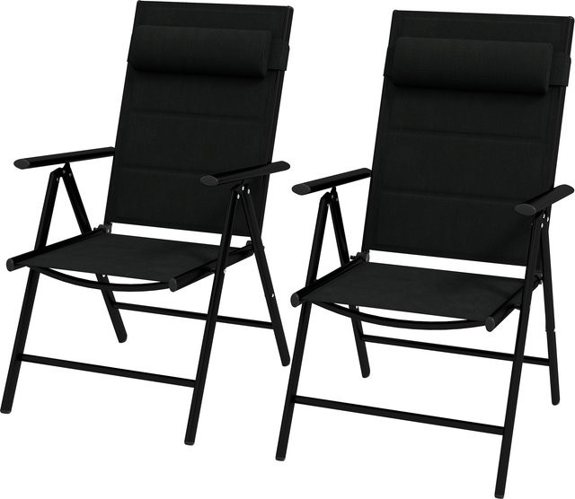 Outsunny Set mit 2 klappbaren Gartensesseln aus Aluminium mit Kopfstütze und Armlehnen, Schwarz, B/T/H: 54 x 67 x 108 cm - Bild 1