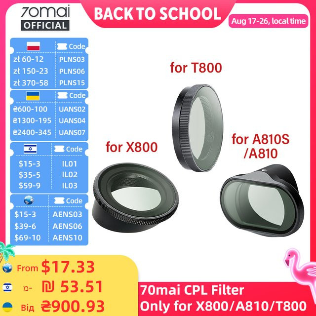 70mai CPL-Filter Zirkularpolarisierender Objektivfilter mit Objektivdeckel für A900, T800, X800, A810 Lite, A810S und A810, Schwarz - Bild 1