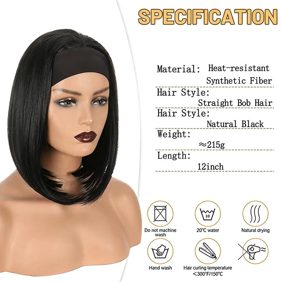 WENYAN Bob-Stirnbandperücke, 12 Zoll, Schwarz, Synthetikhaar, Damen - Bild 2