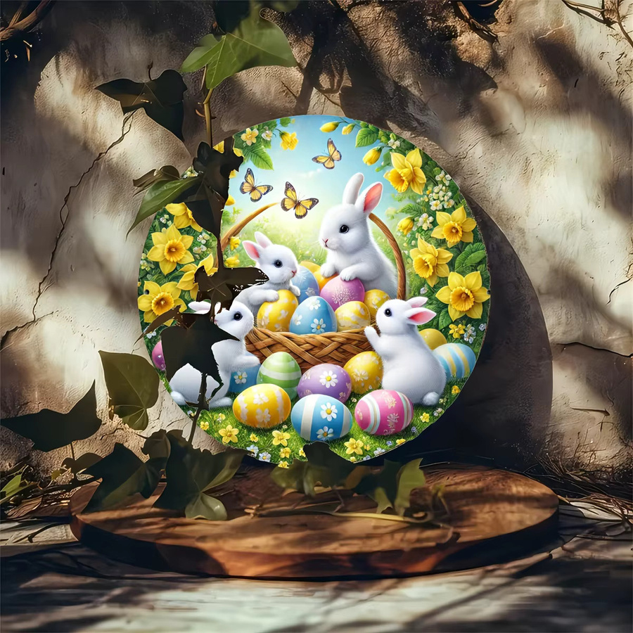 HELLOYOUNG Osterhasen Wandkunst aus Metall, rundes 2D-Dekorschild mit floralem Motiv in Mehrfarbig, Durchmesser: 20 cm - Bild 5