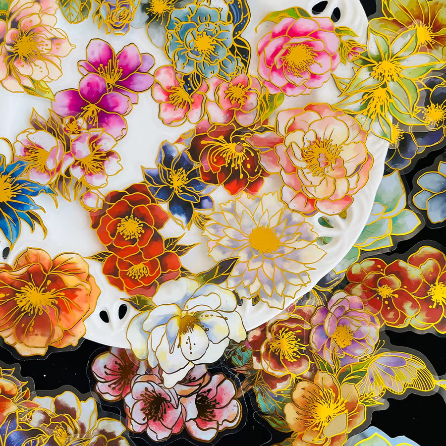 50 Stück florale Aufkleber mit Goldfolie in Multicolour für DIY-Projekte wie Notizbücher und Wasserflaschen - Bild 3
