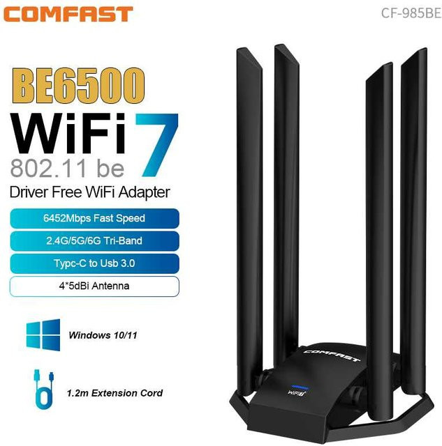 Comfast WIFI7 USB-WLAN-Adapter mit 6500 Mbit/s, treiberfreier USB 3.0 WLAN-Empfänger in Schwarz - Bild 1
