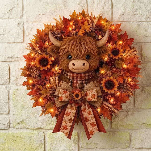 Beleuchteter Herbstkranz von YDM Beauty Life mit Sonnenblumen, Ahornblättern und Kürbissen in Braun und Orange mit warmen LED-Lichtern im rustikalen Bauernhaus-Stil - Bild 1