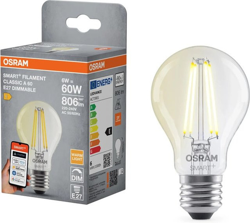 Osram Smart+ Matter LED Leuchtmittel E27 A60 Filament, dimmbar, 6W, warmweiß, transparent, Höhe: 10,5 cm, Durchmesser: 6 cm