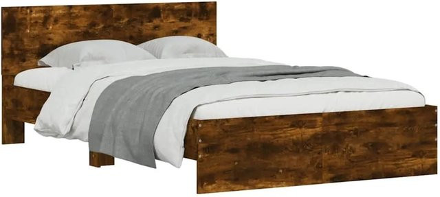 vidaXL Bettgestell mit Kopfteil in Räuchereiche mit LED-Beleuchtung und USB-Anschluss, Farbe: Braun, B/T/H: 140 x 190 x 70 cm - Bild 1