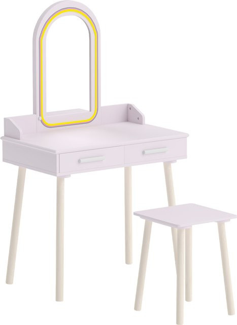 AIYAPLAY Kinder Schminktisch Set 2 in 1 mit LED-Spiegel, Hocker und 2 Schubladen, Schreibtisch aus Holz in Rosa - Bild 1