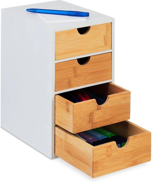Relaxdays Schubladenbox aus Bambus und MDF in Weiß und Natur mit 4 Schubladen, B/T/H: 27,5 x 16,5 x 21 cm - Bild 1