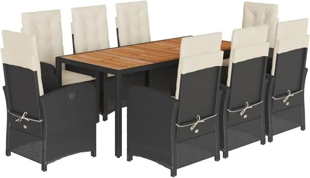 vidaXL 9-teilige Garten-Essgruppe aus Poly-Rattan und Akazienholz in Schwarz mit cremeweißen Kissen und Glastisch - Bild 1