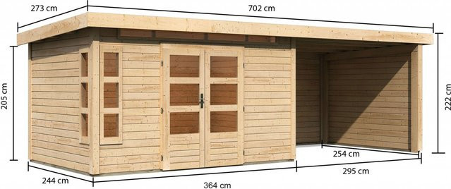 Gartenhaus KASTORF 7 Naturbelassen mit Anbaudach, Rück- und Seitenwand, B: 364 cm, T: 244 cm, Wandstärke: 28 mm - Bild 1