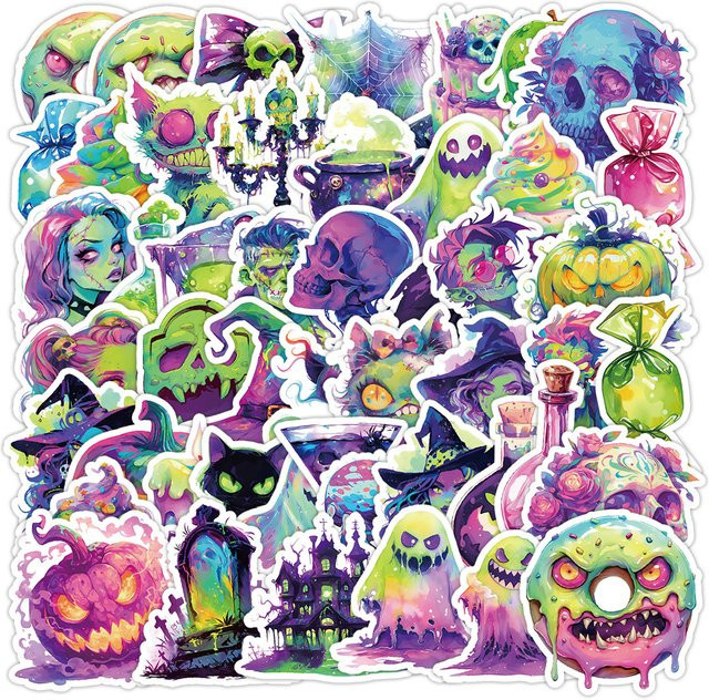 Wasserfeste Gothic Horror Halloween Aufkleber mit Hexen und Totenkopf für Laptop, Motorrad und Handy, Mehrfarbig - Bild 1