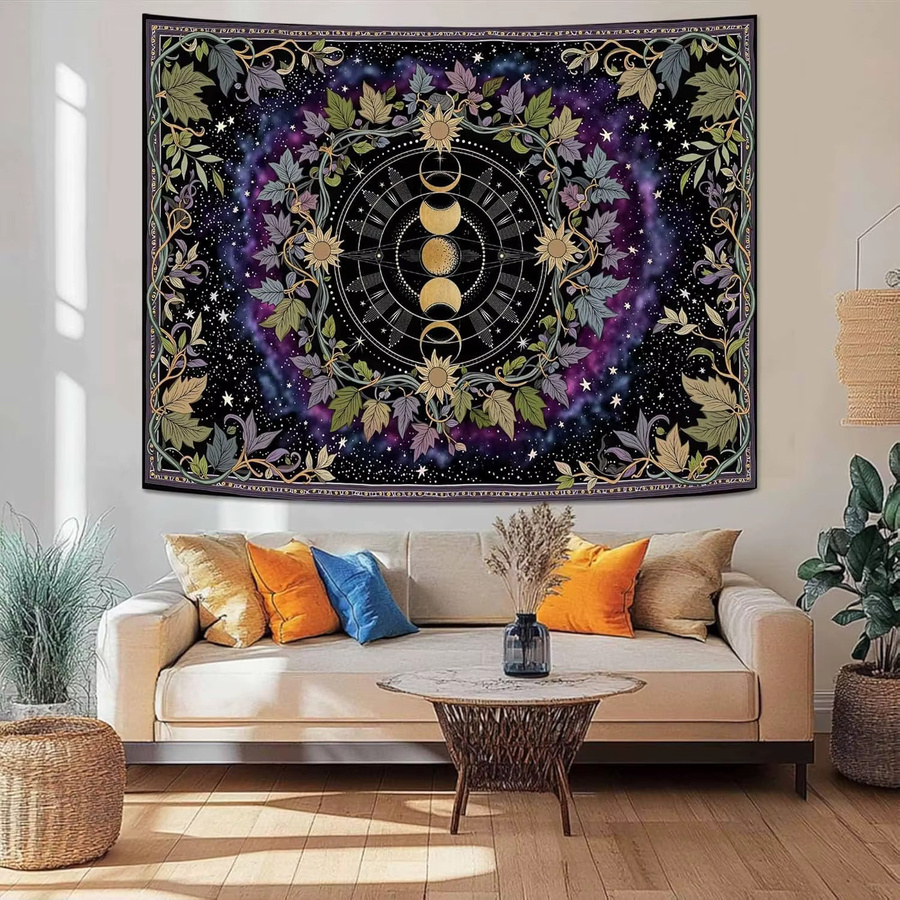 VIKAMA Wandteppich mit Hexen- und Blumenmuster, Boho Wandbehang mit Mondphasen und floralem Design in Multicolour - Bild 2