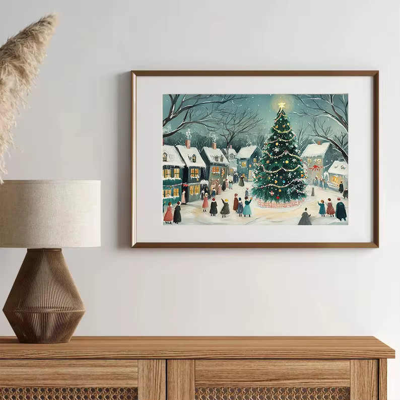 Potdemiel Leinwand Wandkunst Weihnachtsdorf in verschneiter Winterlandschaft für Bauernhaus Dekor - Bild 3