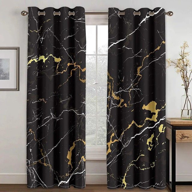 A Family Of Home Textiles 2-teiliges Luxus Vorhangset in Schwarz-Gold mit 3D-Grafik und Ösen, Breite: 65 cm, Höhe: 165 cm - Bild 1