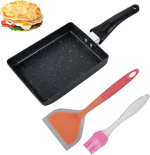 Willstar Tamagoyaki-Pfanne Set mit Silikonspatel und Ölbürste, rechteckige japanische Eierrollpfanne aus Aluminium, antihaftbeschichtet, Schwarz - Bild 1