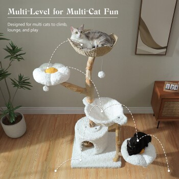 Pawz Road Kratzbaum aus Massivholz mit Höhle und integriertem Spielzeug in Weiß, Höhe: 150 cm - Bild 2