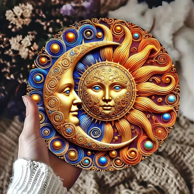 HELLOYOUNG Sonnen- und Mond-Metallschild, rundes Metall-Blechschild in rustikalem Design, Durchmesser: 20 cm - Bild 1