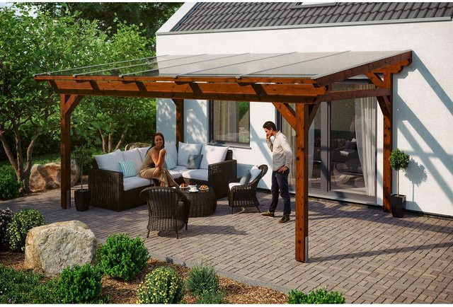 Skan Holz Terrassenüberdachung Sanremo aus Leimholz in Nussbaum Braun B/T: 541 x 400 cm mit Polycarbonat Dach - Bild 1