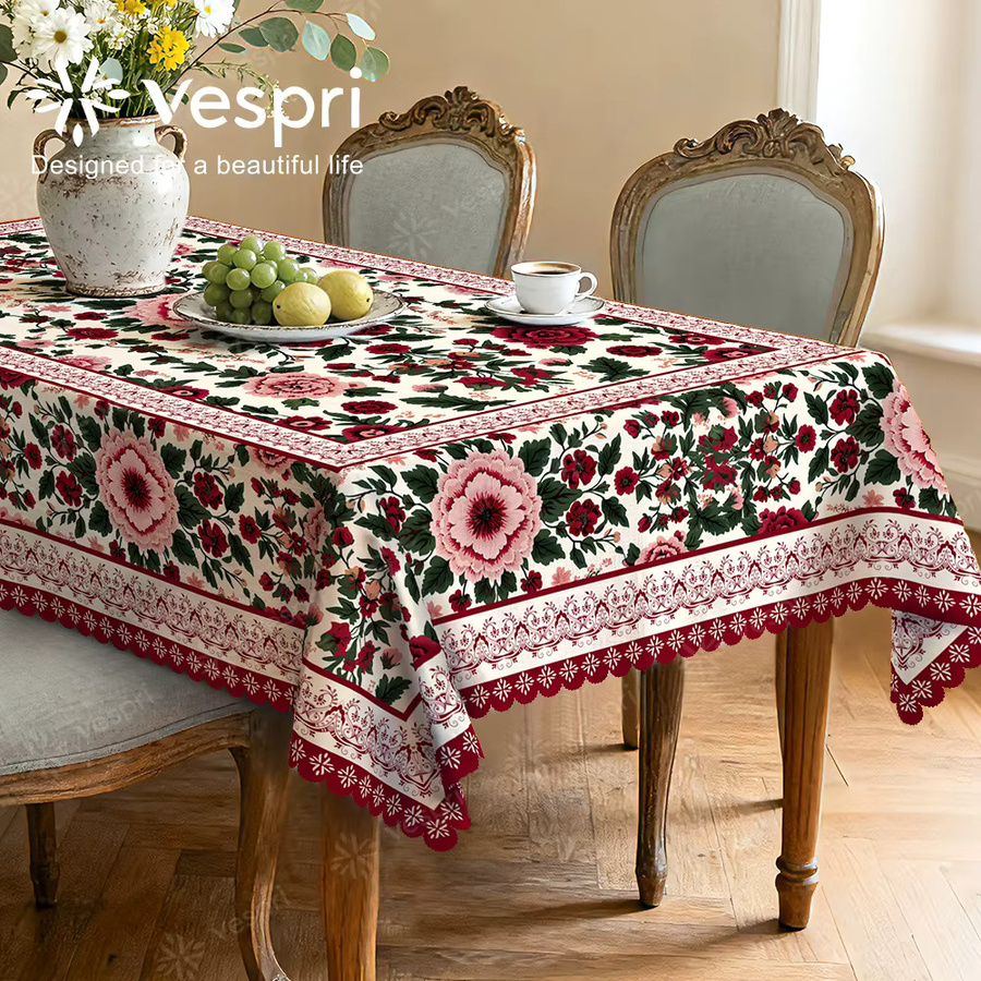 Vespri Blumen-Oster-Tischdecke mit weiß-rotem Blumenmuster und Spitzenborte, rund - Bild 3