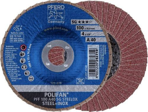 PFERD POLIFAN Fächerschleifscheibe SG STEELOX für Stahl und Edelstahl, Durchmesser: 100 mm, Bohrungs-Ø: 16 mm, Körnung: 40 - Bild 1