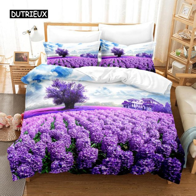 Lila Bettwäsche Set mit Schmetterlings- und Blumenmuster aus Mikrofaser, 3-teilig, B/H: 150 x 200 cm - Bild 1