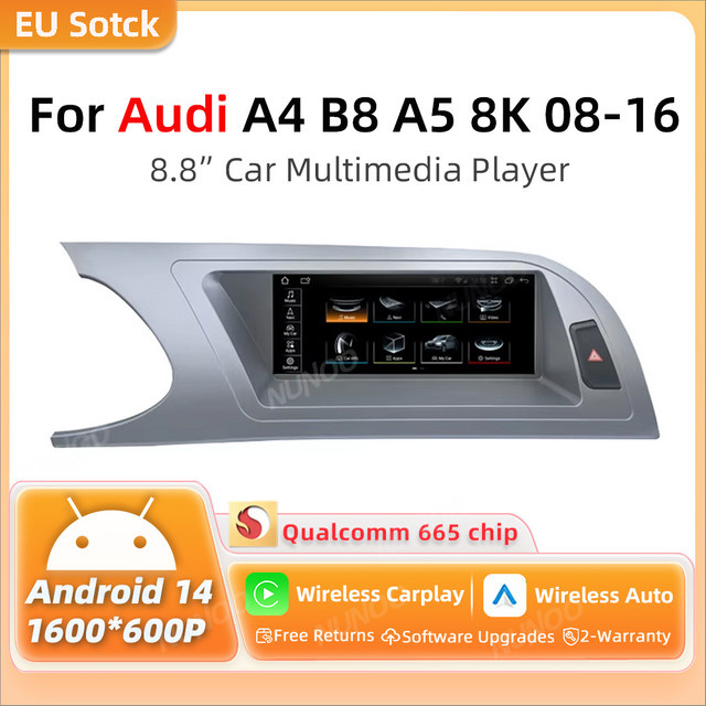 Nunoo Drahtloser CarPlay Multimedia-Player für Audi A4 B8 und A5 (2008-2016) mit Android 14, 8GB RAM, 128GB Speicher, 8K Display und GPS, Schwarz - Bild 1