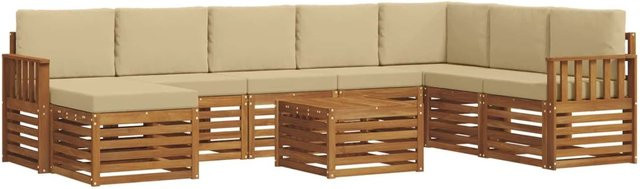 vidaXL Sofagarnitur 9-teilig aus Massivholz Akazie in Natur und Beige mit Polsterung und Armlehnen - Bild 1