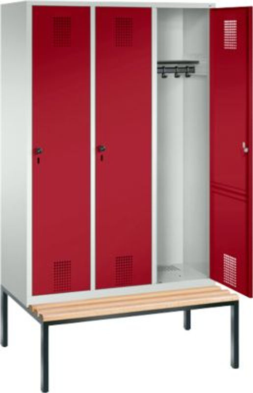 Kleiderspind C + P Evolo S 3000 aus Stahl mit integrierter Sitzbank, 3 Abteile, Sicherheitsdrehriegelverschluss, lichtgrau/rubinrot - Bild 2