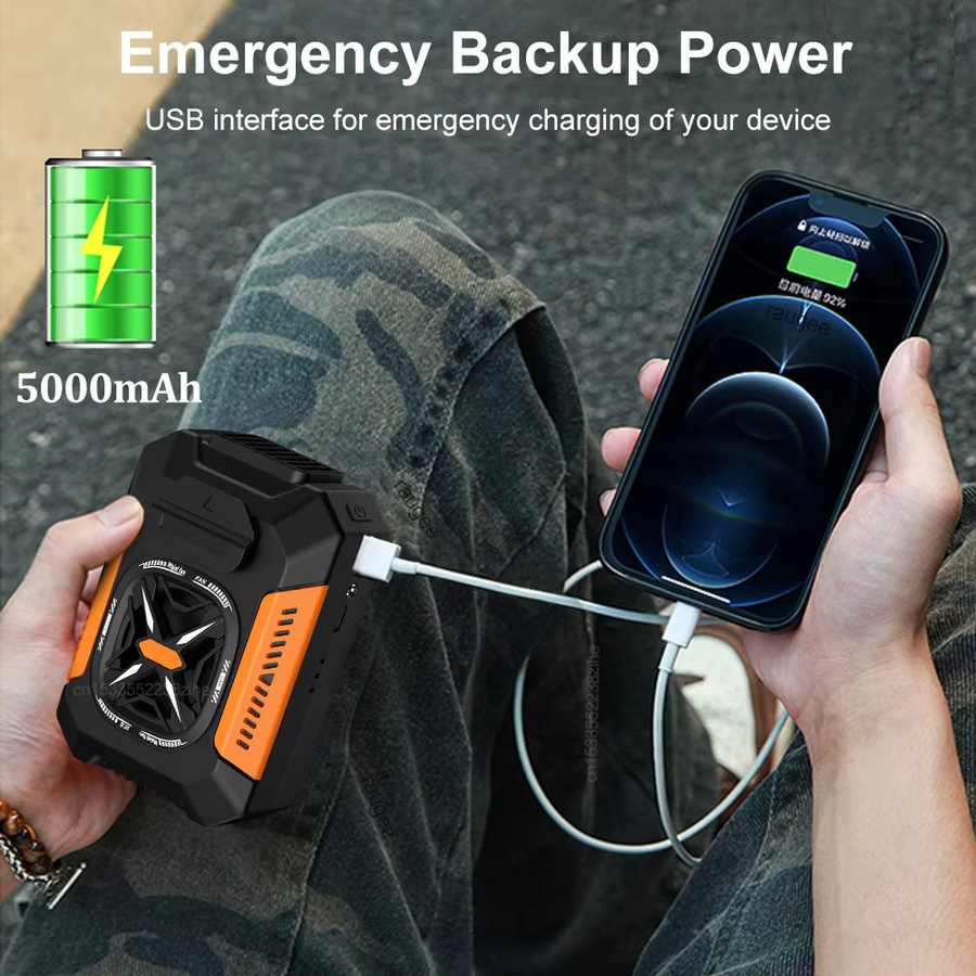 Tragbarer Mini-Hüftclip-Ventilator von ragee mit LED-Licht und Powerbank Funktion, USB-Akku-Luftkühler für Outdoor und Camping in Orange oder Schwarz - Bild 2