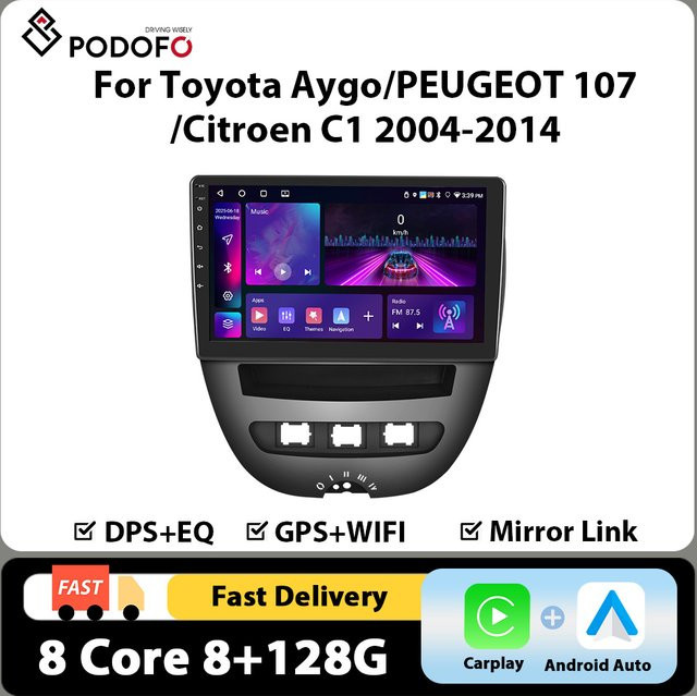 Podofo 10 Zoll Autoradio mit 8-Kern Prozessor für Toyota Aygo 2004-2014, Peugeot 107 und Citroen C1 mit Carplay, Android Auto, 8+128G Speicher, 4G und WIFI in Schwarz - Bild 1