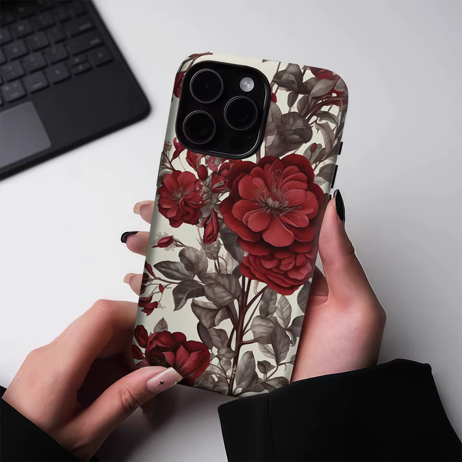 Potdemiel Magnetische Handyhülle mit Blumenmuster in Burgunderrot für iPhone 17 16 15 14 13 Pro Max Plus, Robuste Doppelschicht-Schutzhülle - Bild 3