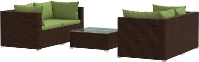 vidaXL 5-tlg Garten-Lounge-Set in L-Form aus Poly Rattan mit Kissen und Couchtisch in Braun und Grün - Bild 1