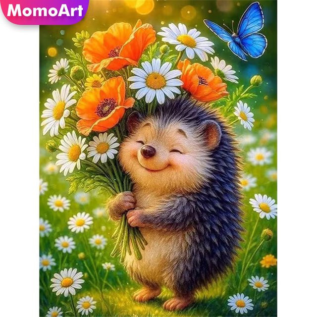 Momoart Diamantmalerei Igel mit Gänseblümchen und Mohnblumen DIY Mosaik Set für Erwachsene in Multicolour - Bild 1