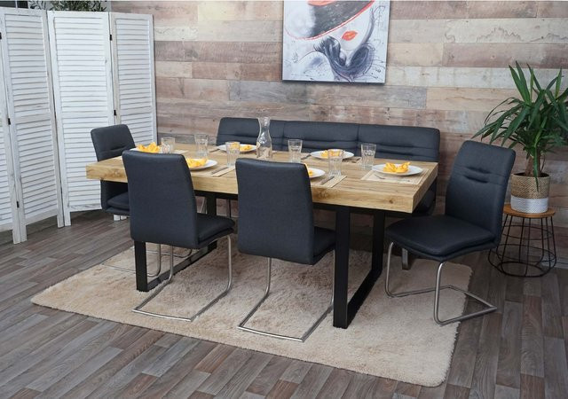 Esszimmer-Set MCW-H70 in Dunkelgrau mit Stoffbezug und gebürstetem Edelstahl, Breite: 180 cm - Bild 1