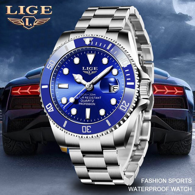LIGE Armbanduhr, Quarz, Edelstahl, Blau, Herren - Bild 1