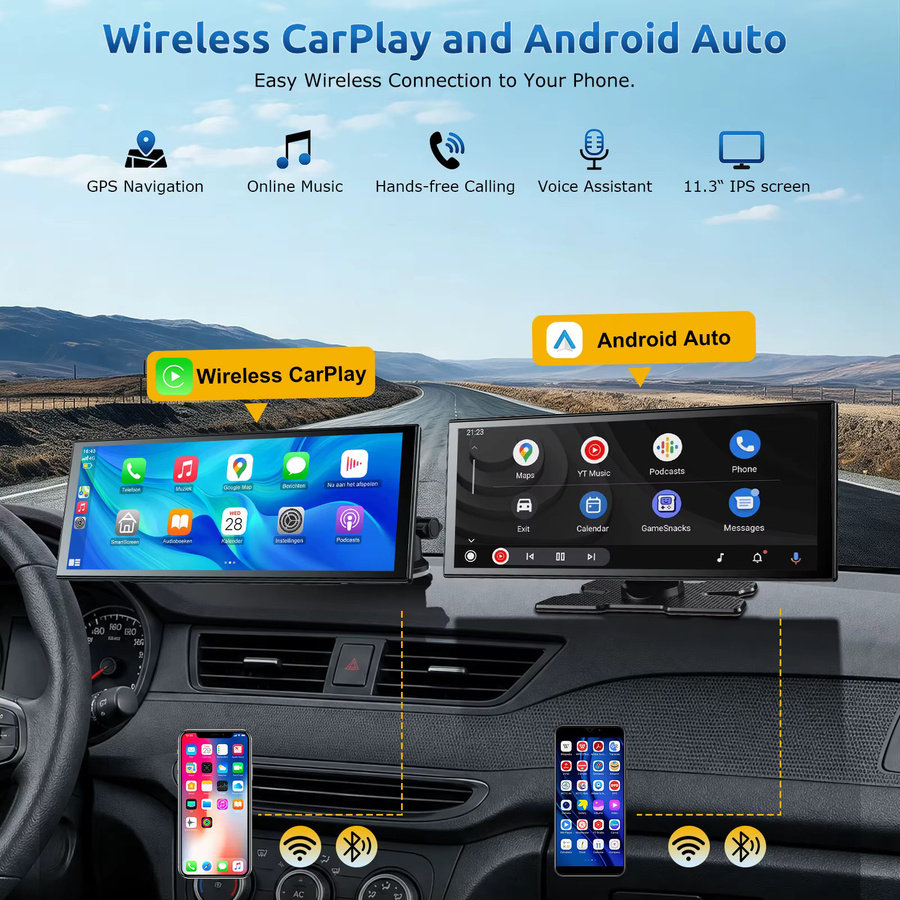 ESSGOO Tragbare Doppel-Dashcam mit 11,3 Zoll Display, 4K UHD und 1080P Rückfahrkamera, kabelloses CarPlay und Android Auto, WiFi, Bluetooth 5.3, GPS Navigation und Nachtsicht, Farbe: Schwarz - Bild 2