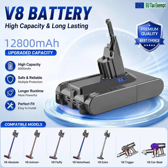 Dyson Ersatzakku für V8 Series Absolute Fluffy Animal Staubsauger, 21,6 V 12800 mAh Lithium-Ionen-Akku, Schwarz - Bild 1
