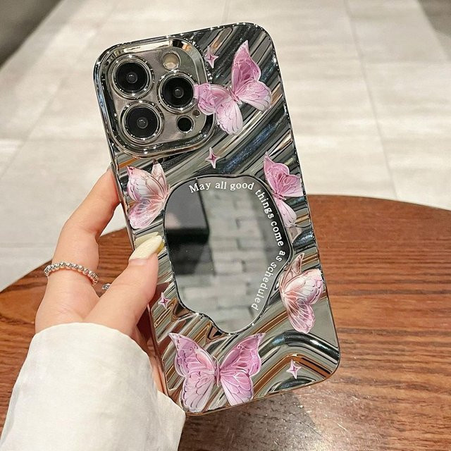 Yiran Handyhülle mit Schmetterling und Make-up Spiegel in Silber für iPhone Modelle, stoßfeste Silikon Hülle mit Wellen-Design - Bild 1