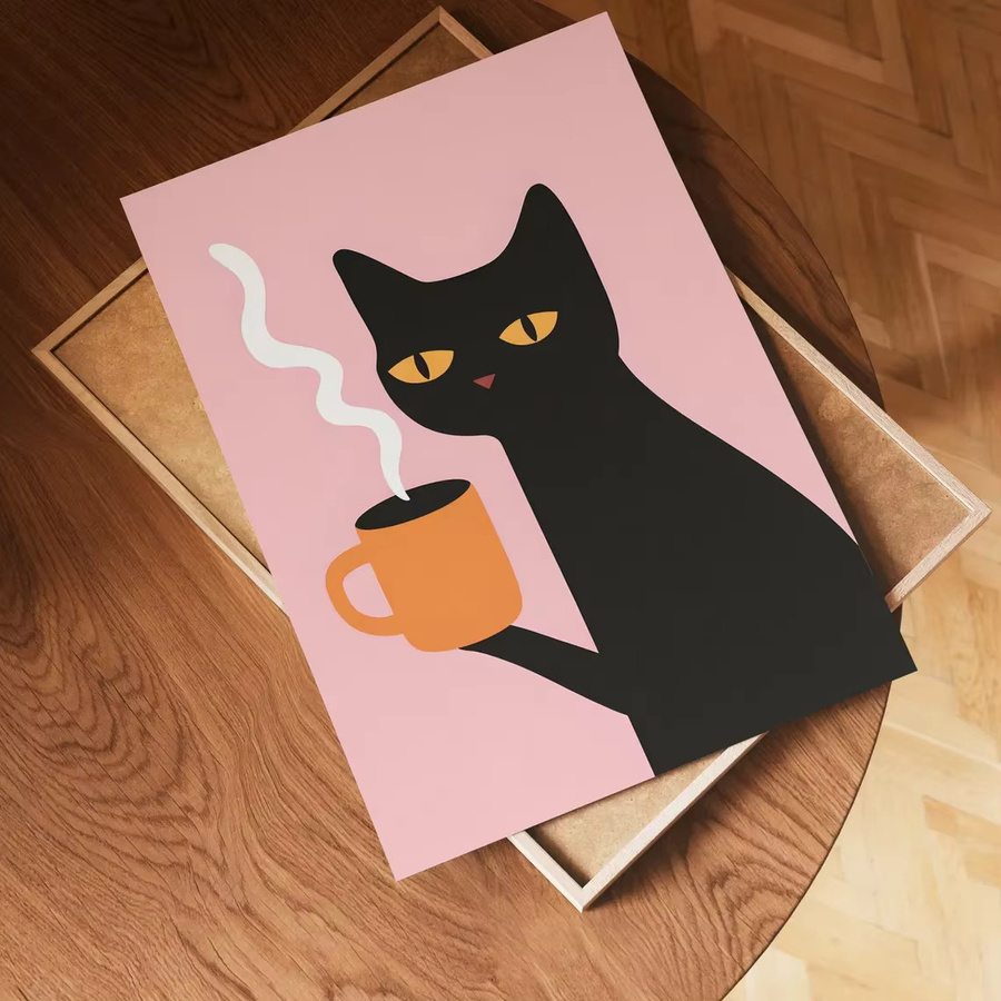 Minimalistischer Wandkunstdruck von SHENCHEN mit schwarzer Katze und Kaffeetasse auf zartrosa Hintergrund, modernes Katzenposter aus Papier - Bild 2