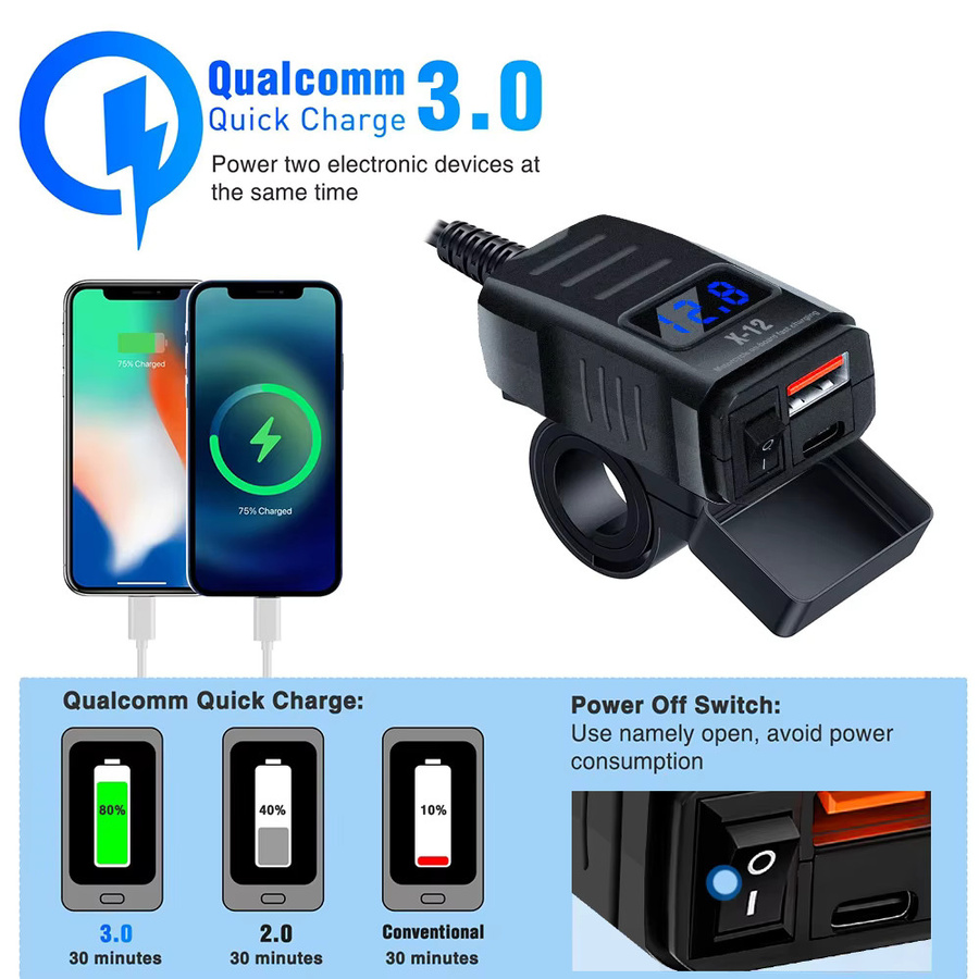 PD QC3.0 Motorrad-USB-Ladegerät mit Dual-USB-Anschluss, Voltmeter und Schalter, wasserdichter 12V-Adapter in Schwarz für Telefon und GPS - Bild 2