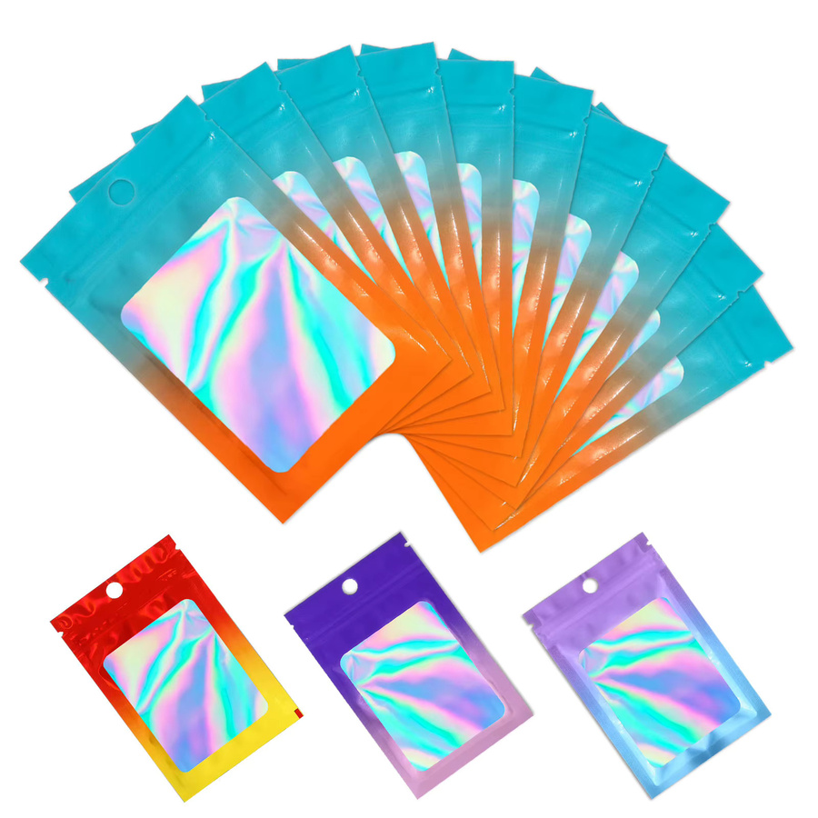 200 Stück Holographische Ziplock-Beutel mit Blau-Orange Farbverlauf, feuchtigkeitsbeständige Kunststoffbeutel zur Verpackung von Schmuck wie Halsketten, Ohrringen und Ringen - Bild 1