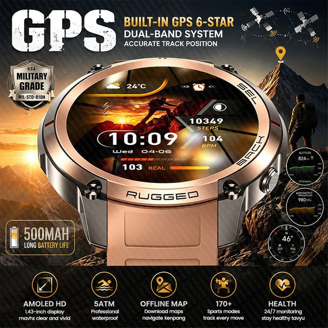 GUHUAVMI Militärzertifizierte Outdoor Sport-Smartwatch für Herren mit GPS, Offline-Karte und 1,43 Zoll AMOLED Display, 5ATM Wasserdicht, Bluetooth Telefonie, Schwarz - Bild 1