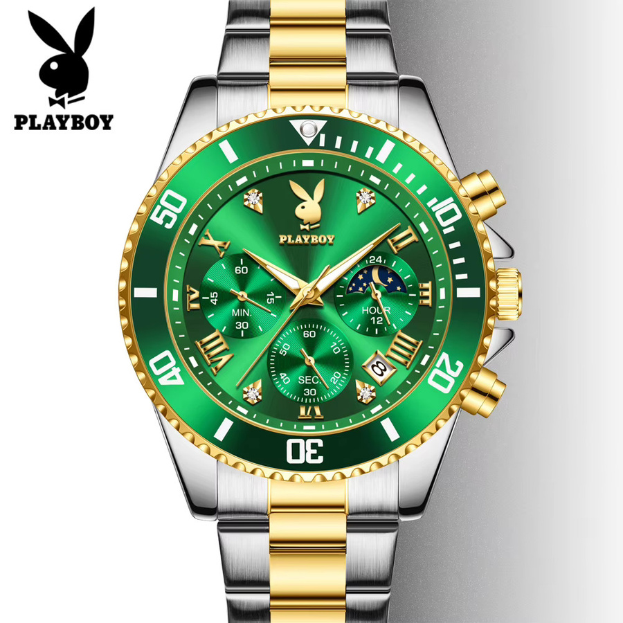 PLAYBOY Herren-Chronograph, Quarz, Edelstahl, Grün, Gold, Herren - Bild 5