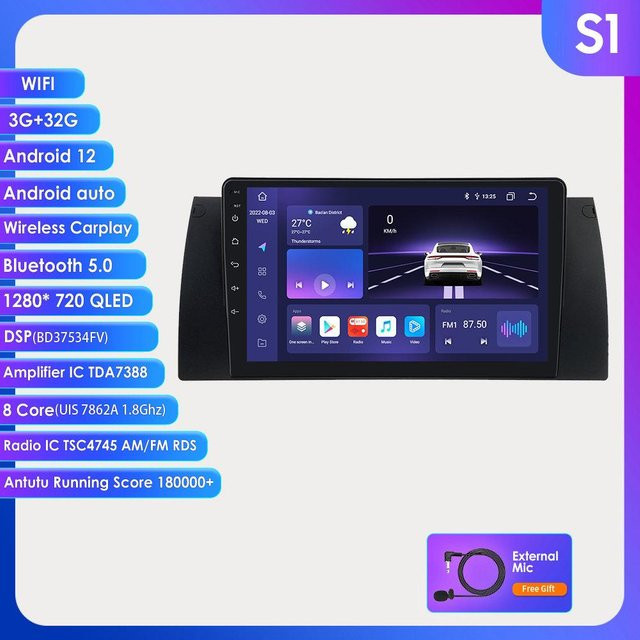 Hizpo Android Autoradio mit Carplay, 4G-LTE, GPS und Wi-Fi für BMW 5 E39 und E53 X5 in Schwarz - Bild 1