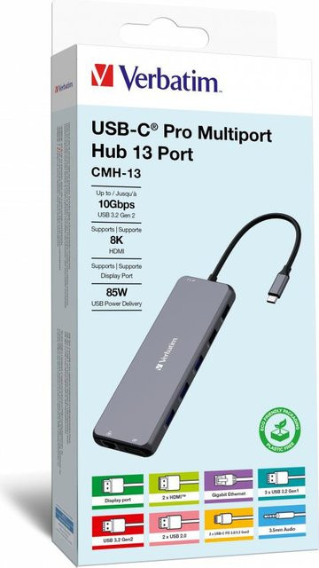 Verbatim USB-C Pro Multiport Hub CMH-13 Dockingstation mit 13 Ports in Silber, 2 x HDMI, 1 x DisplayPort, 3 x USB-A 3,2 Gen 1 und 2 x USB-C für 8K-Unterstützung - Bild 2