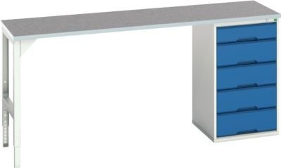 Unterbauwerkbank Bott verso mit Linoleum-Platte und 5 Schubladen, Lichtgrau / Enzianblau, B/T/H: 200 x 60 x 93 cm - Bild 1