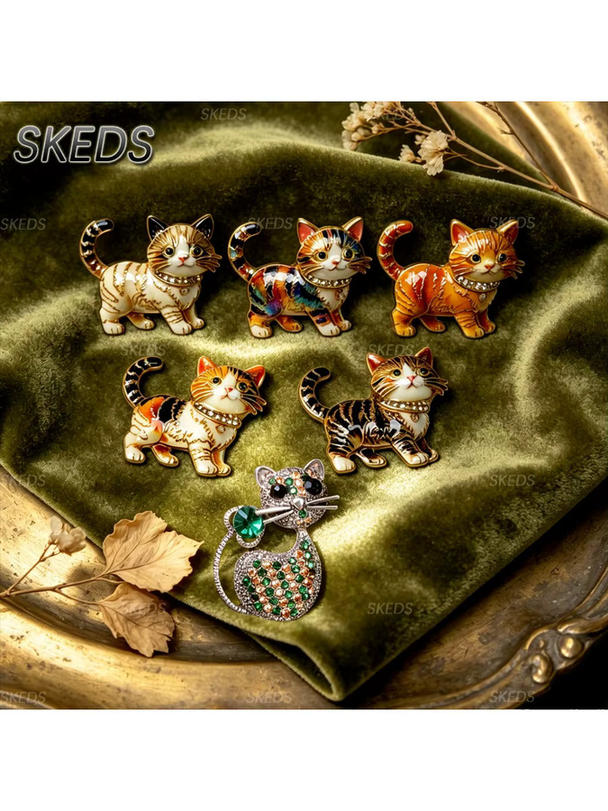 SKEDS Brosche, Kätzchen, Mehrfarbig, Gestreift, Strass, Emaille, Unisex - Bild 3