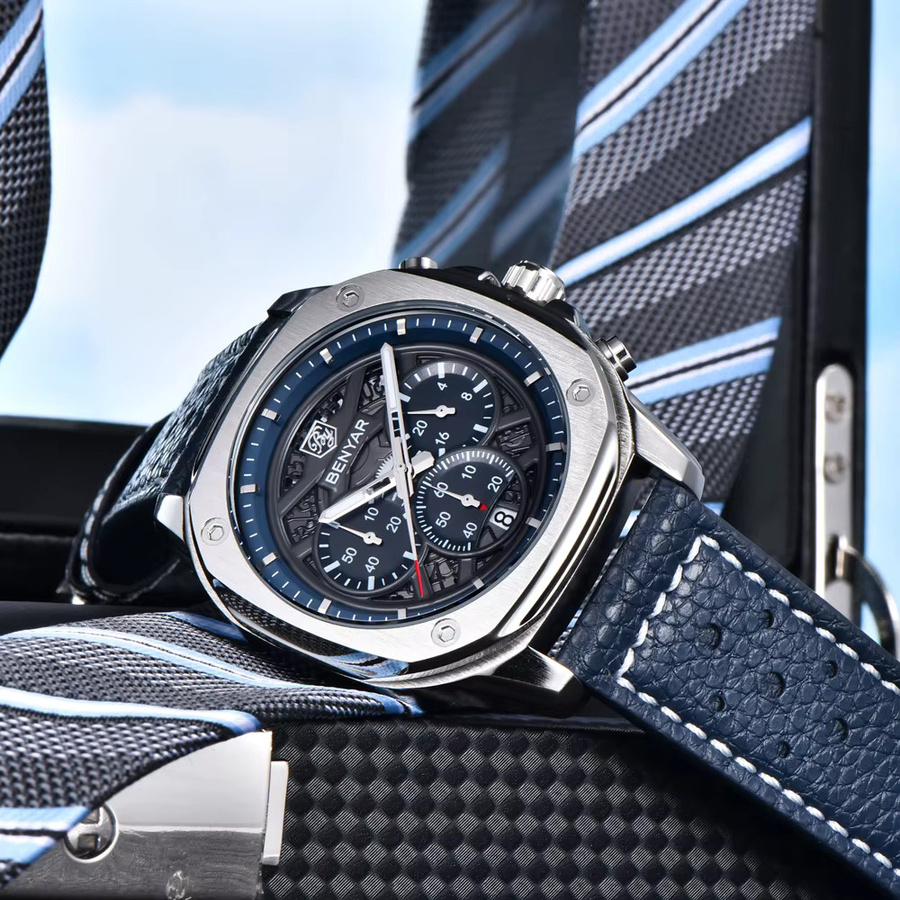 BENYAR Chronograph, Quarz, Edelstahl, Leder, Schwarz, Herren - Bild 5
