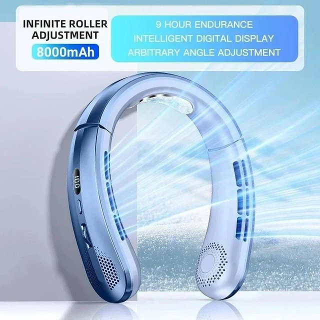 Chic Interiors Tragbarer Bladeless Mini Halsventilator mit 8000mAh Akku, Wiederaufladbarer USB Elektrischer Luftkühler mit LED Digitalanzeige, Blau - Bild 1