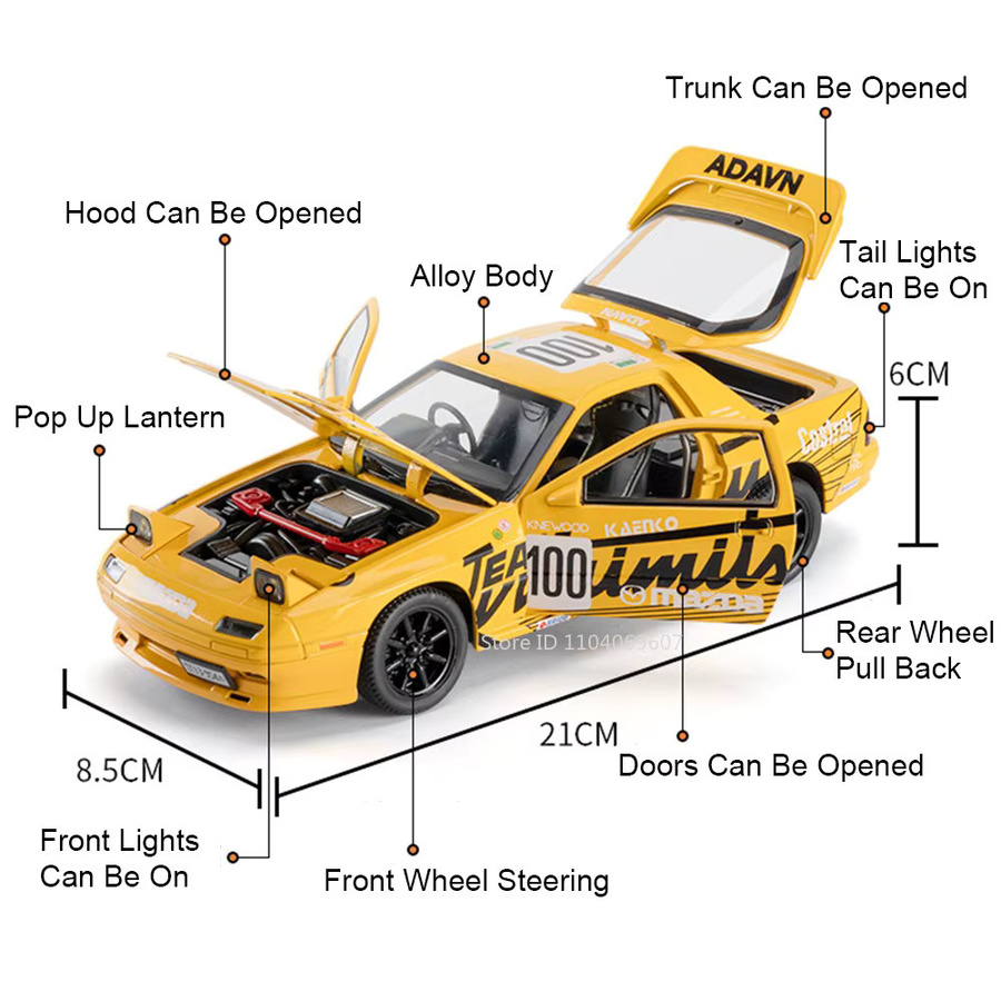 MAKEDA RX7-PC Sportwagenmodell, Maßstab 1:24, mit Licht und Sound, Gelb - Bild 2