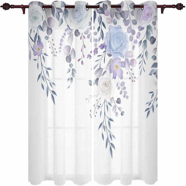 Yiran Furniture Vorhänge mit Pflanzen-Aquarell-Design, modern und floral, Farbe Weiß, 2er-Set, B: 50 cm, H: 130 cm - Bild 1